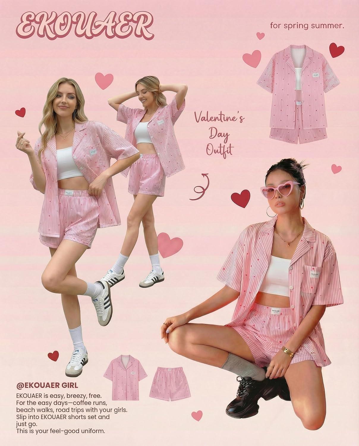 imageEkouaer Two Piece Sets for Women Summer Y2K Shirt and Shorts Beach Vacation Cruise Outfits Travel Sweatsuits Lounge SetPink Love Stripe