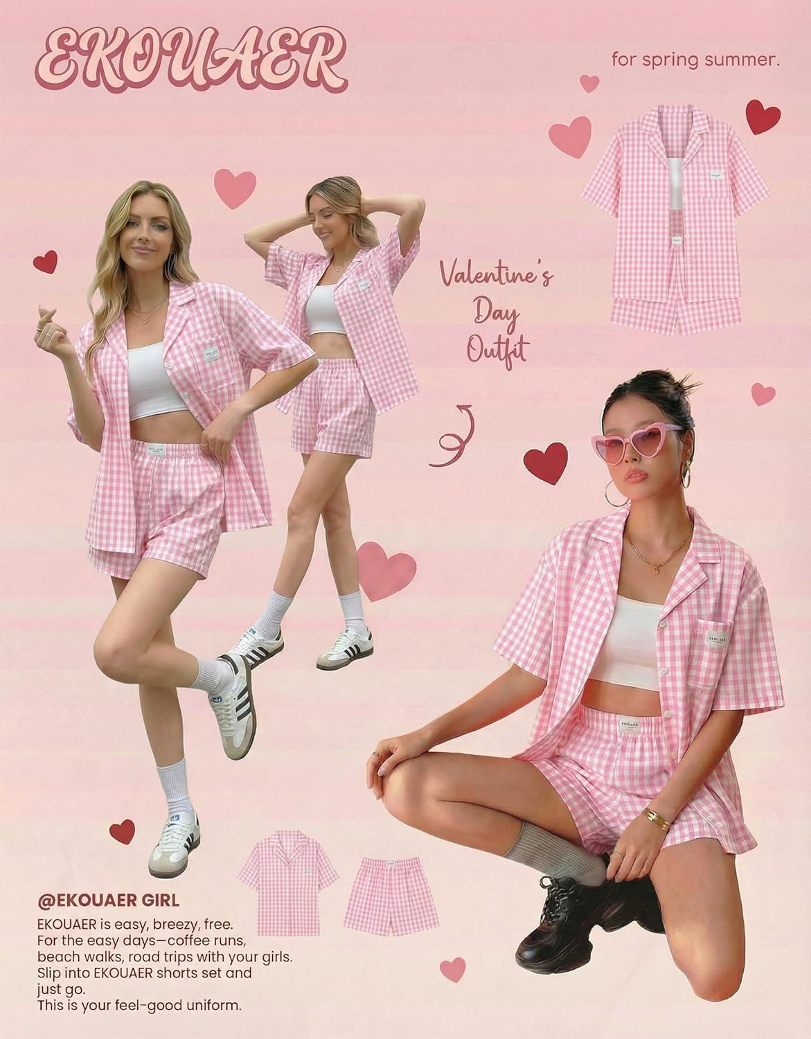 imageEkouaer Two Piece Sets for Women Summer Y2K Shirt and Shorts Beach Vacation Cruise Outfits Travel Sweatsuits Lounge SetPink White Plaid