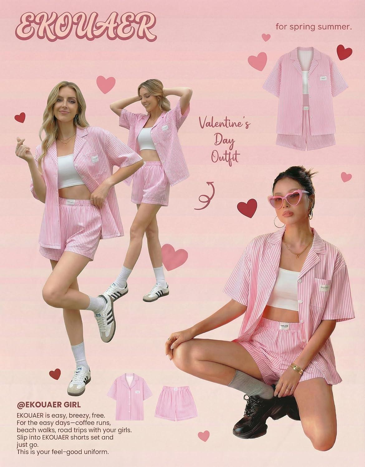 imageEkouaer Two Piece Sets for Women Summer Y2K Shirt and Shorts Beach Vacation Cruise Outfits Travel Sweatsuits Lounge SetPink White Stripe