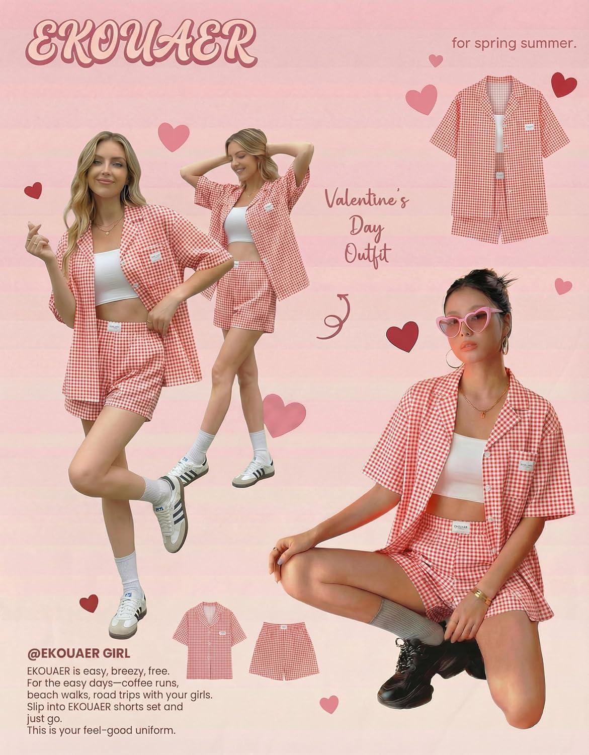 imageEkouaer Two Piece Sets for Women Summer Y2K Shirt and Shorts Beach Vacation Cruise Outfits Travel Sweatsuits Lounge SetRed White Plaid