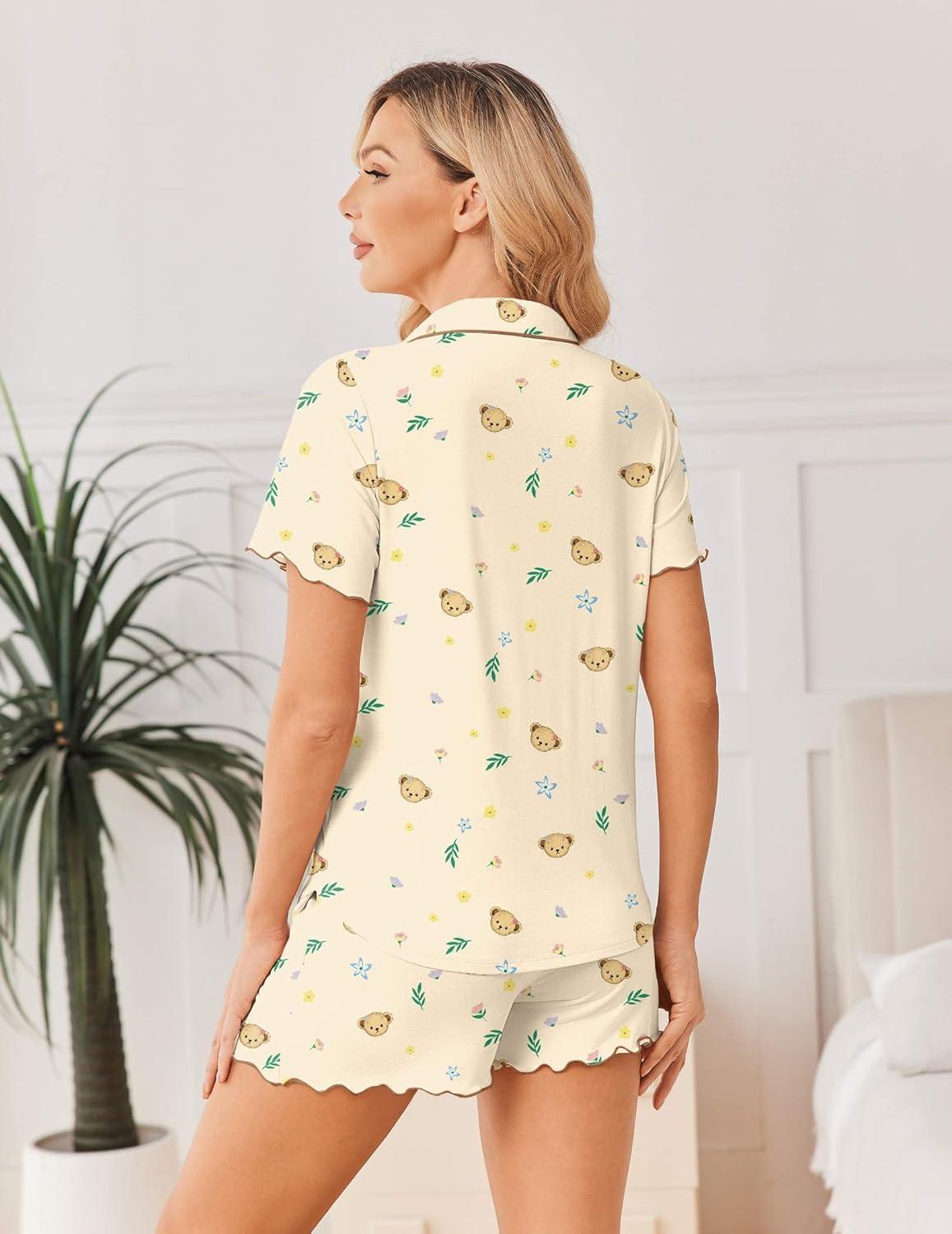 imageEkouaer Viscose from Bamboo Women Pajama Sets Button Up Cooling Pjs Short Sleeve Ruffle Sleepwear 2 Piece Lounge Shorts SetApricot Floral Teddy