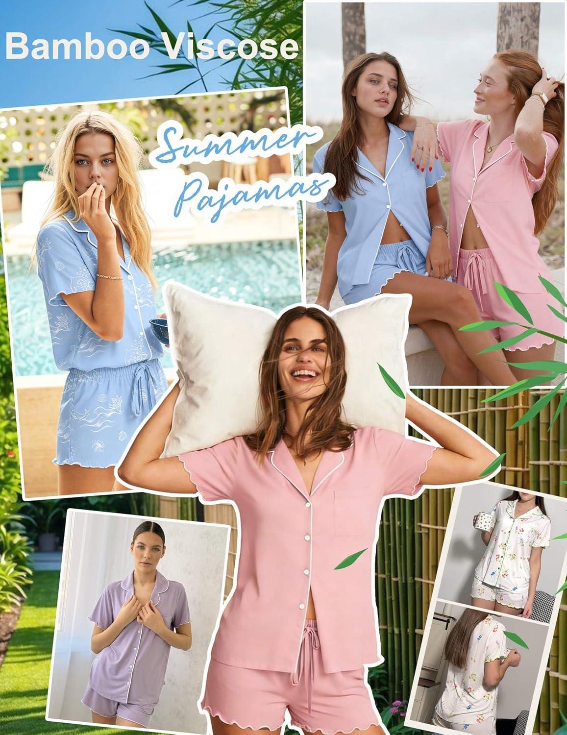 imageEkouaer Viscose from Bamboo Women Pajama Sets Button Up Cooling Pjs Short Sleeve Ruffle Sleepwear 2 Piece Lounge Shorts SetBlack