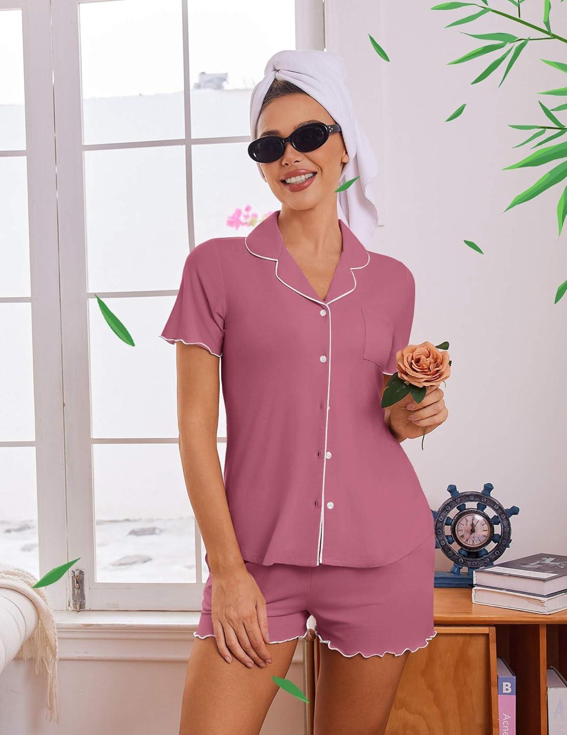 imageEkouaer Viscose from Bamboo Women Pajama Sets Button Up Cooling Pjs Short Sleeve Ruffle Sleepwear 2 Piece Lounge Shorts SetDark Pink