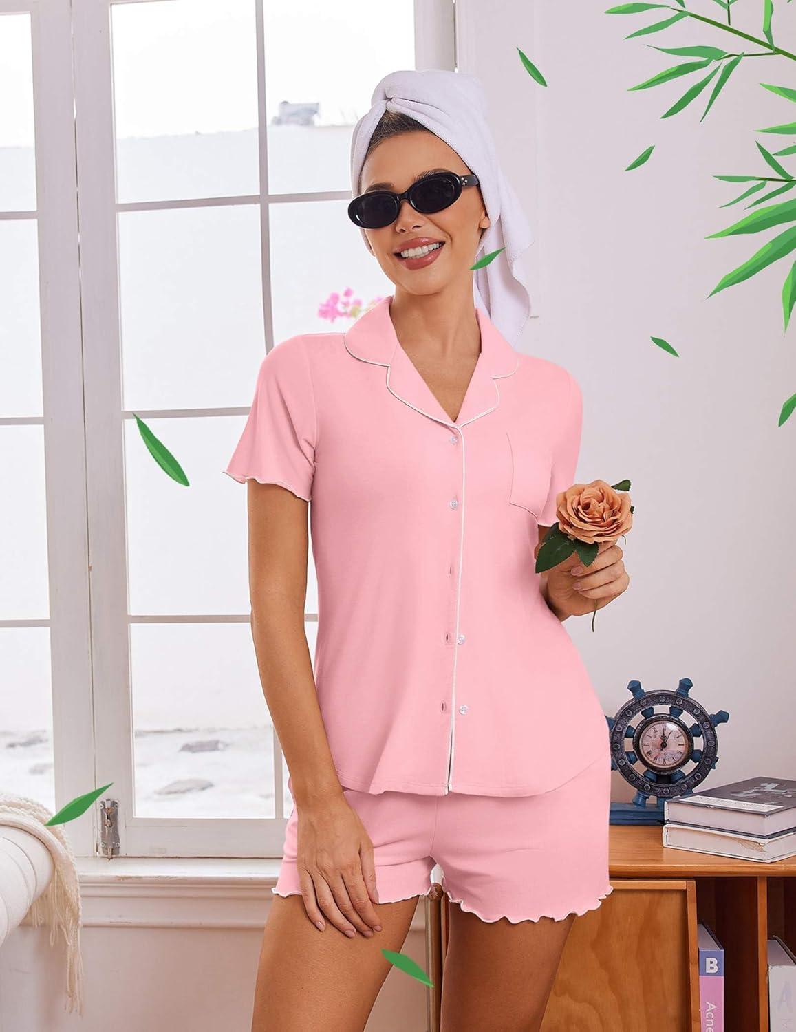 imageEkouaer Viscose from Bamboo Women Pajama Sets Button Up Cooling Pjs Short Sleeve Ruffle Sleepwear 2 Piece Lounge Shorts SetLight Pink
