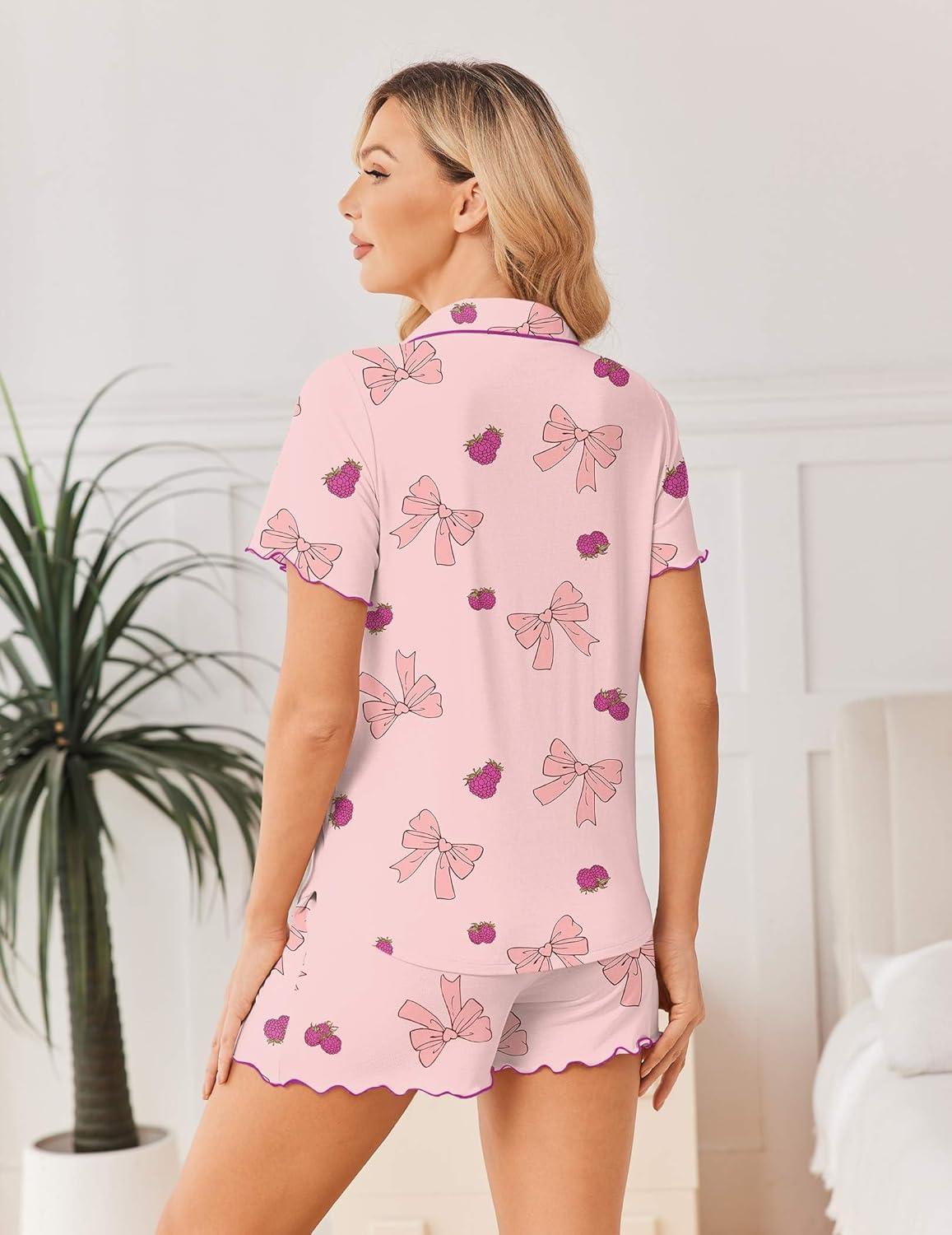 imageEkouaer Viscose from Bamboo Women Pajama Sets Button Up Cooling Pjs Short Sleeve Ruffle Sleepwear 2 Piece Lounge Shorts SetPink Bow
