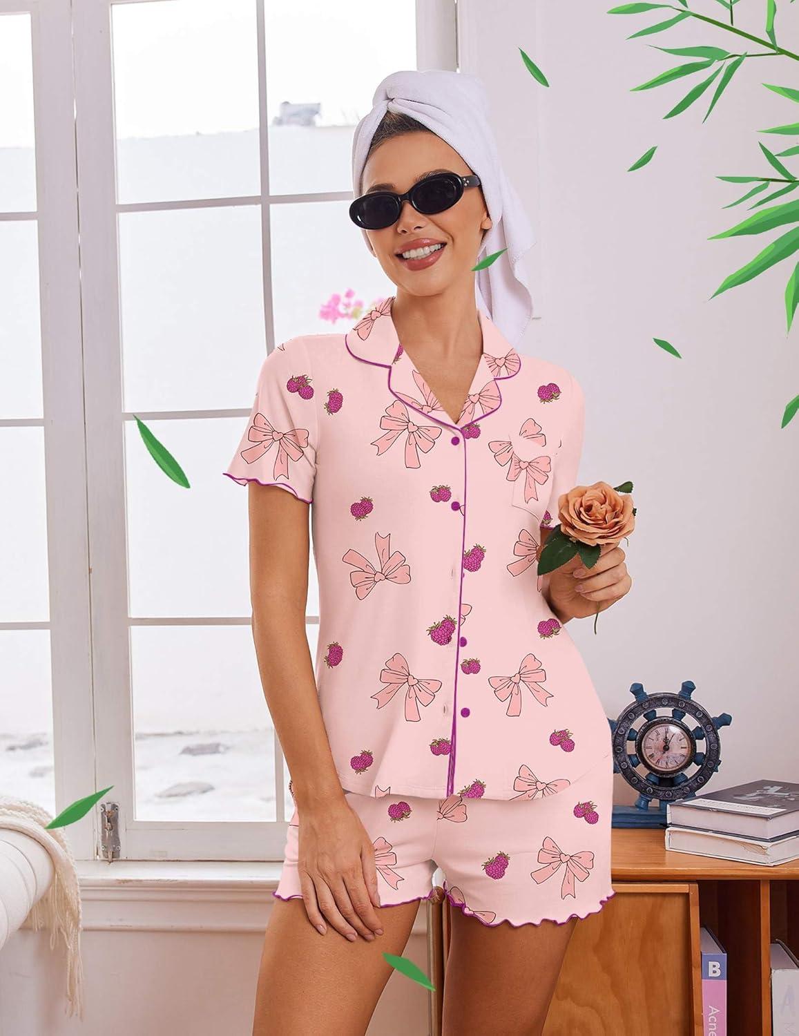 imageEkouaer Viscose from Bamboo Women Pajama Sets Button Up Cooling Pjs Short Sleeve Ruffle Sleepwear 2 Piece Lounge Shorts SetPink Bow