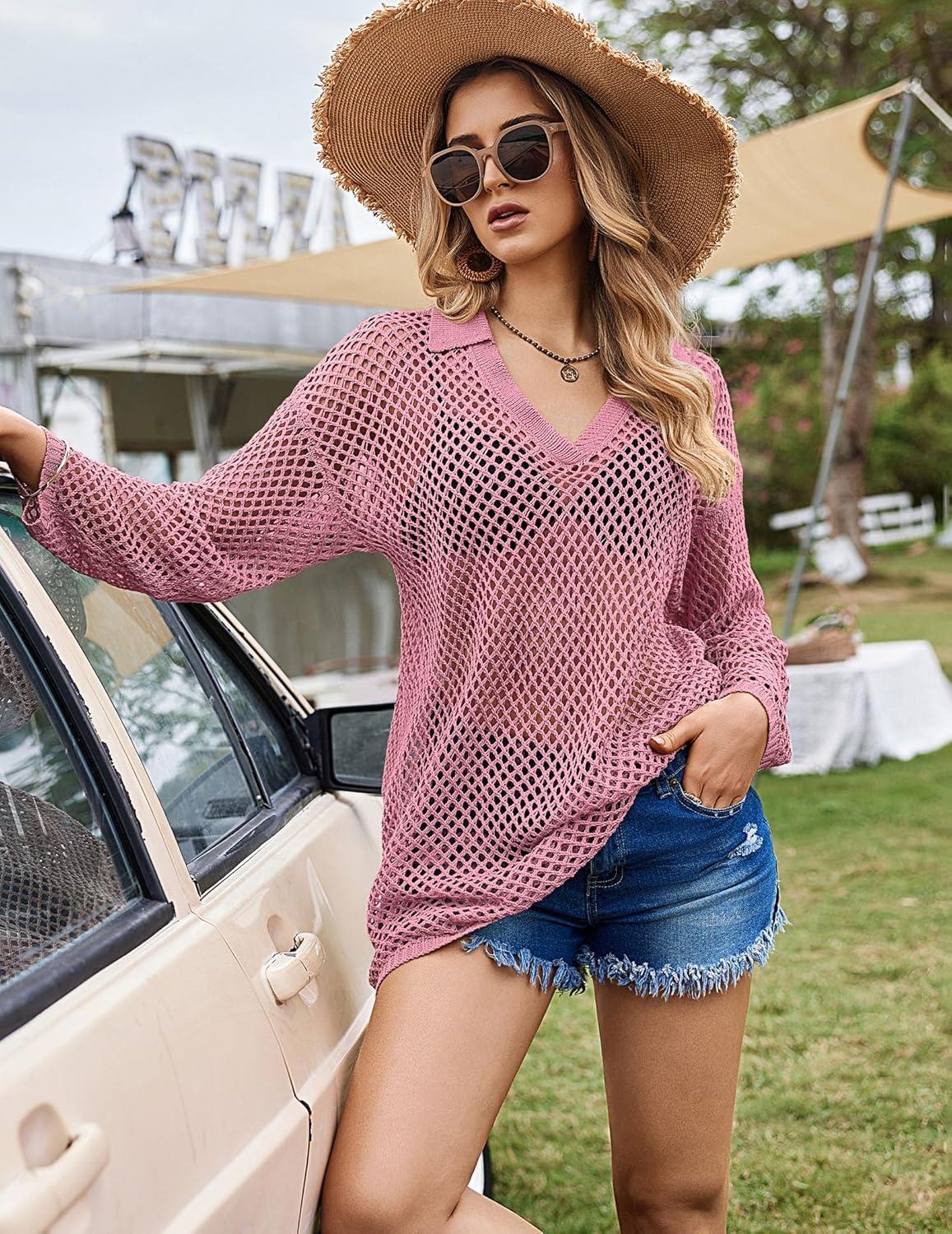 imageEkouaer Womens Swimsuit Cover Ups Crochet Swim Coverup Knit Bathing Suit Knit Beach Vacation Outfits SwimwearHot Pink