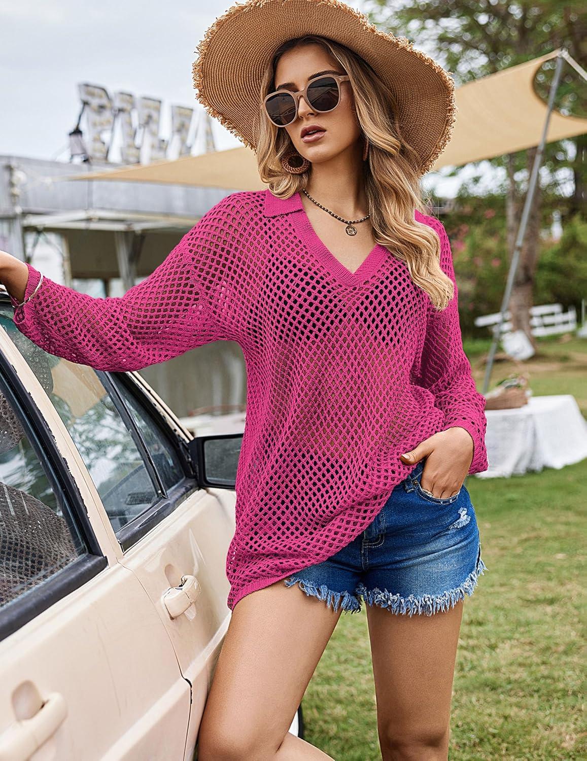 imageEkouaer Womens Swimsuit Cover Ups Crochet Swim Coverup Knit Bathing Suit Knit Beach Vacation Outfits SwimwearRose Red