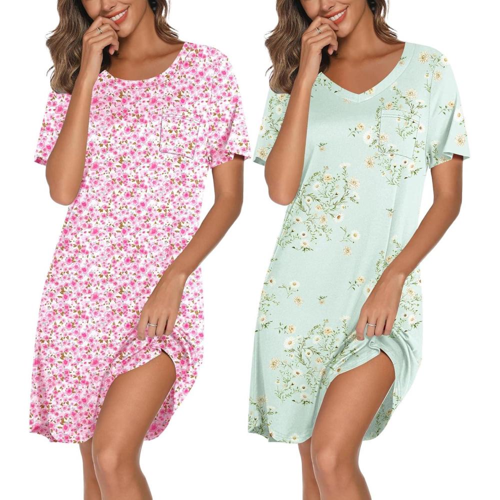 imageEkouaer 2 Pack Nightgowns for Women Bamboo Viscose Sleep Shirts Short Sleeve Nightshirt V neck Sleepdress Soft SleepwearFloral PinkFloral Light Green
