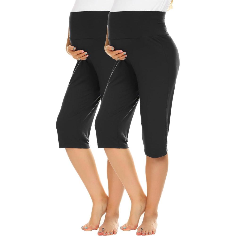 imageEkouaer 2 Pack Womens Capris Maternity Shorts High Waist Pregnancy Cropprd Pants Stretchy Lounge BottomsBlackBlack