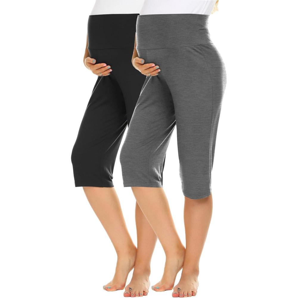 imageEkouaer 2 Pack Womens Capris Maternity Shorts High Waist Pregnancy Cropprd Pants Stretchy Lounge BottomsBlackDark Grey