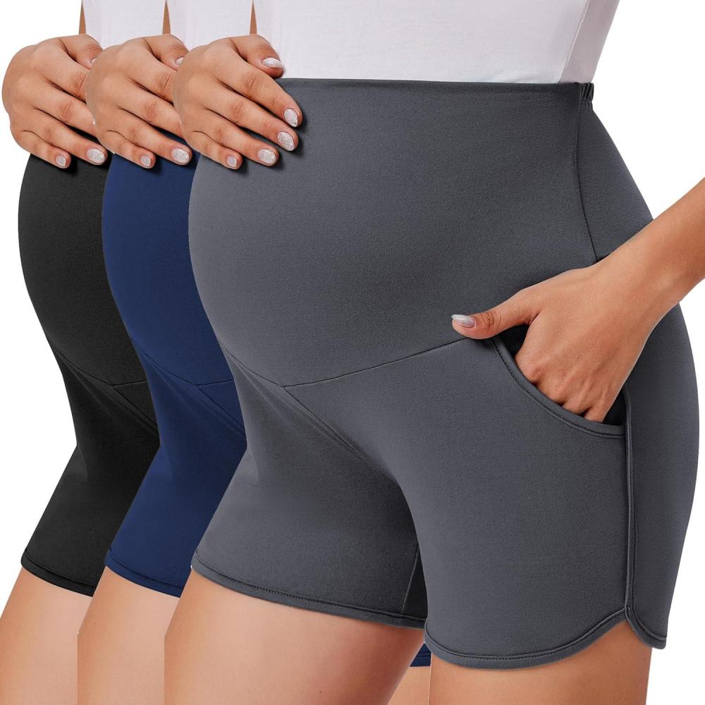 imageEkouaer 3 Pack Maternity Shorts Over The Belly with Pockets Summer Workout Pregnancy Shorts Stretchy Lounge PajamaBlackDark GreyNavy Blue