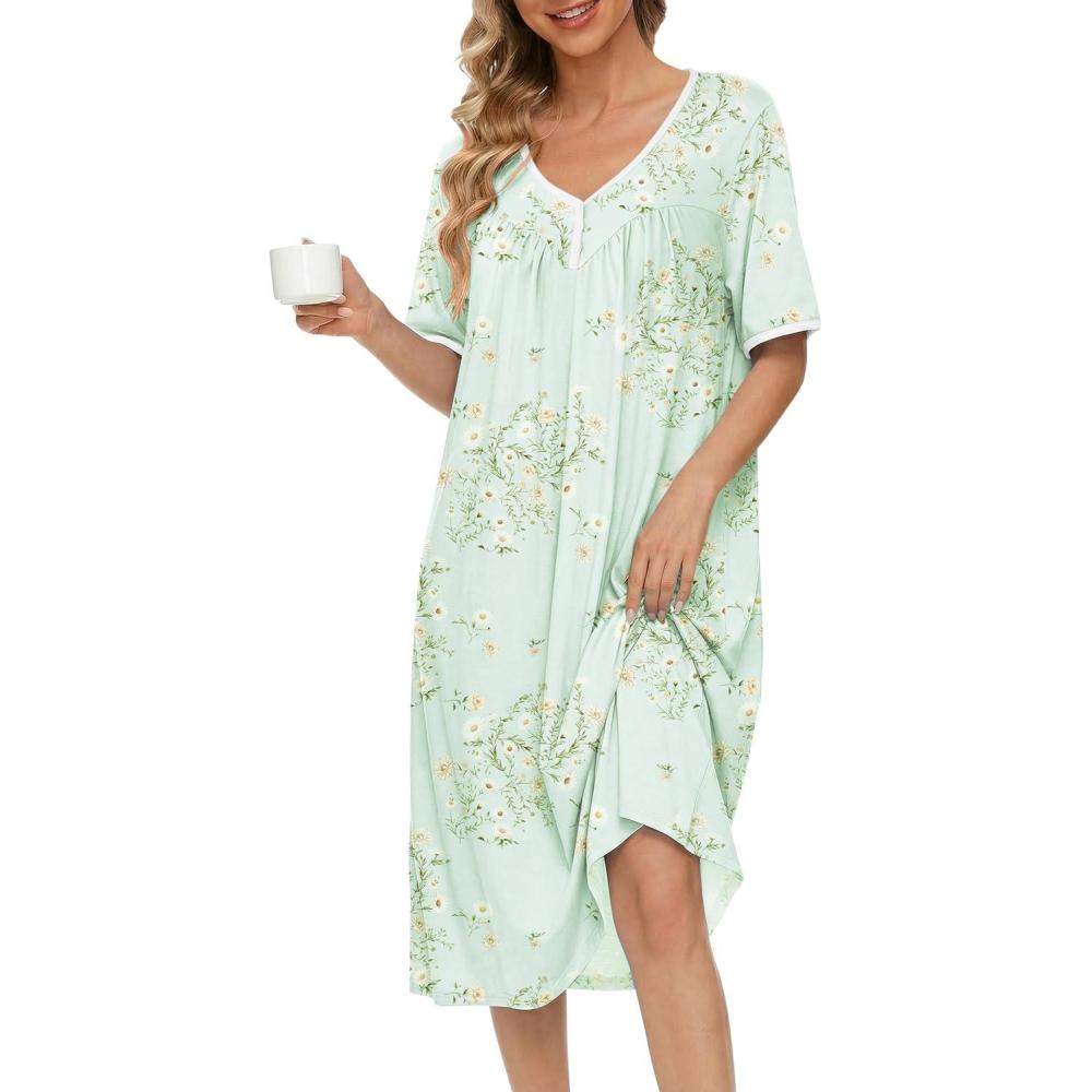 imageEkouaer Cotton Nightgowns for Women Short Sleeve Night Gown V Neck Button Sleep Shirt Soft House DressGreen Little Flower