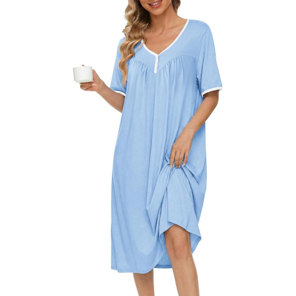imageEkouaer Cotton Nightgowns for Women Short Sleeve Night Gown V Neck Button Sleep Shirt Soft House DressLight Blue