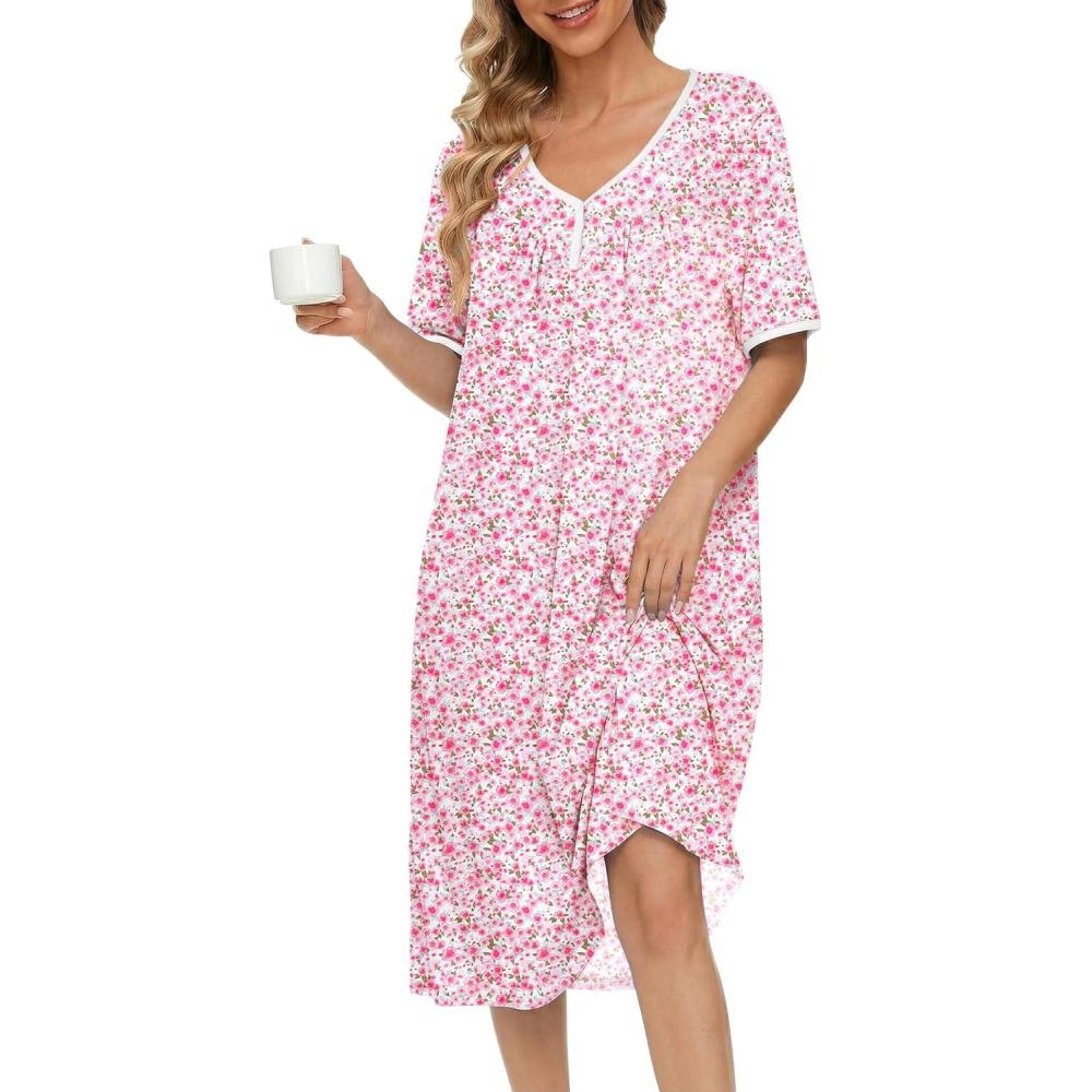 imageEkouaer Cotton Nightgowns for Women Short Sleeve Night Gown V Neck Button Sleep Shirt Soft House DressPink Floral