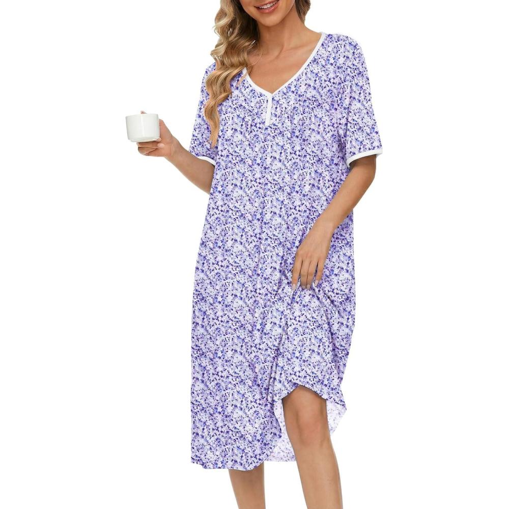 imageEkouaer Cotton Nightgowns for Women Short Sleeve Night Gown V Neck Button Sleep Shirt Soft House DressPurple Floral