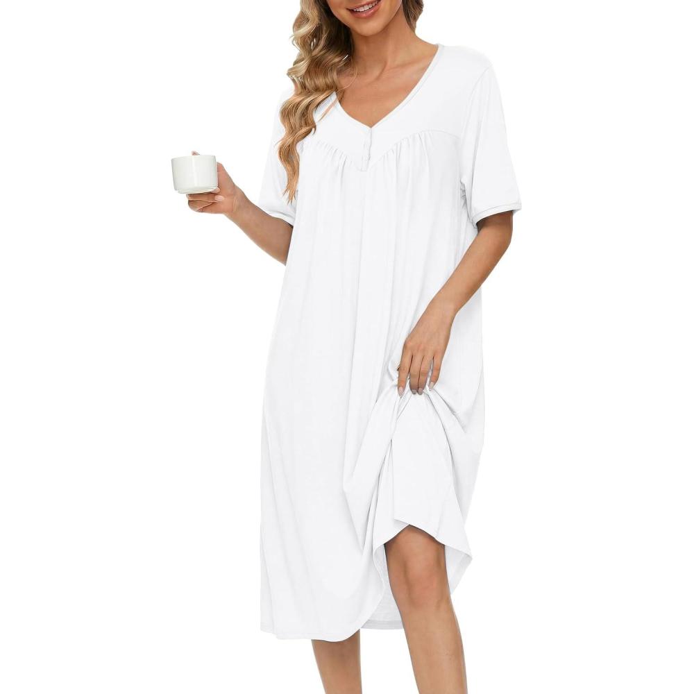 imageEkouaer Cotton Nightgowns for Women Short Sleeve Night Gown V Neck Button Sleep Shirt Soft House DressWhite
