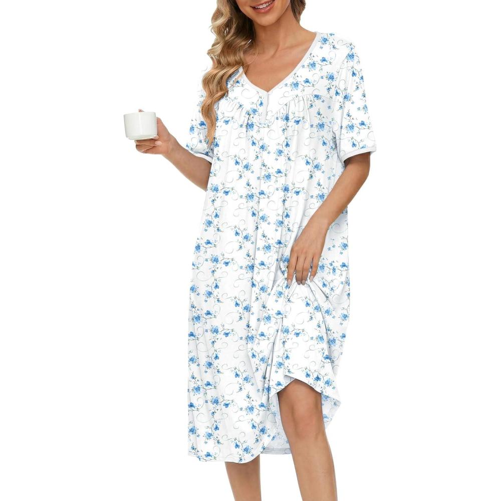 imageEkouaer Cotton Nightgowns for Women Short Sleeve Night Gown V Neck Button Sleep Shirt Soft House DressWhite Blue Floral