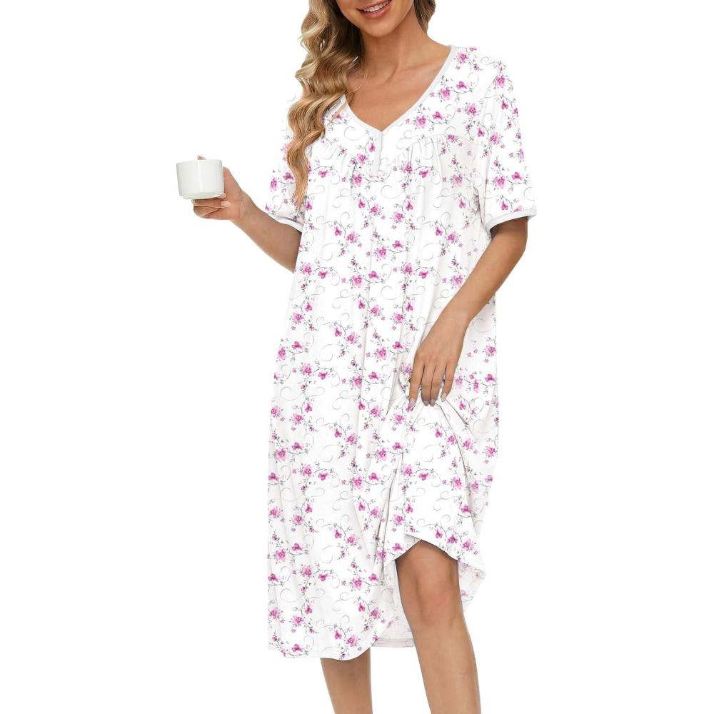 imageEkouaer Cotton Nightgowns for Women Short Sleeve Night Gown V Neck Button Sleep Shirt Soft House DressWhite Pink Floral