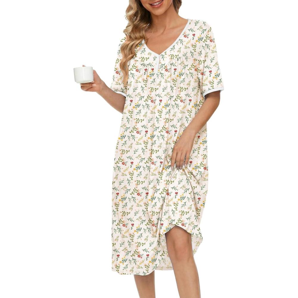 imageEkouaer Cotton Nightgowns for Women Short Sleeve Night Gown V Neck Button Sleep Shirt Soft House DressYellow Floral