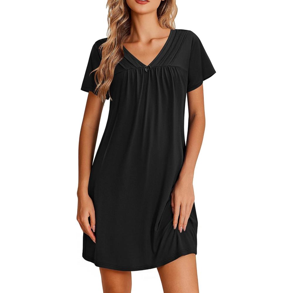 imageEkouaer Nightgowns for Women V Neck Sleepshirt Short Sleeve Nightdress Lace Trim Night Gown House Dress with PocketsBlack