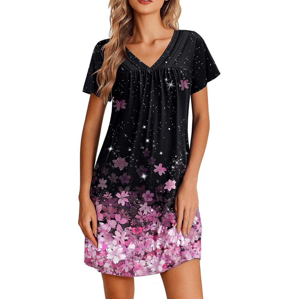 imageEkouaer Nightgowns for Women V Neck Sleepshirt Short Sleeve Nightdress Lace Trim Night Gown House Dress with PocketsBlack Sakura