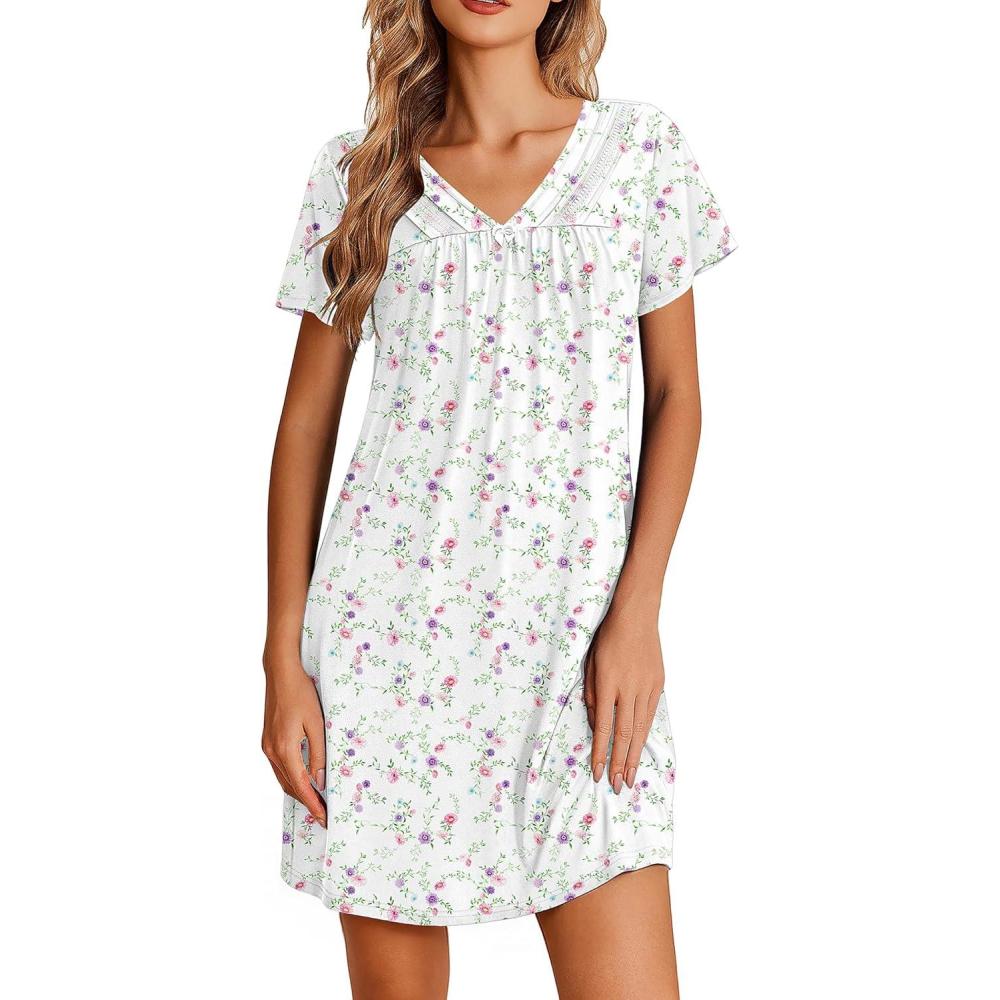 imageEkouaer Nightgowns for Women V Neck Sleepshirt Short Sleeve Nightdress Lace Trim Night Gown House Dress with PocketsColorful Flowers