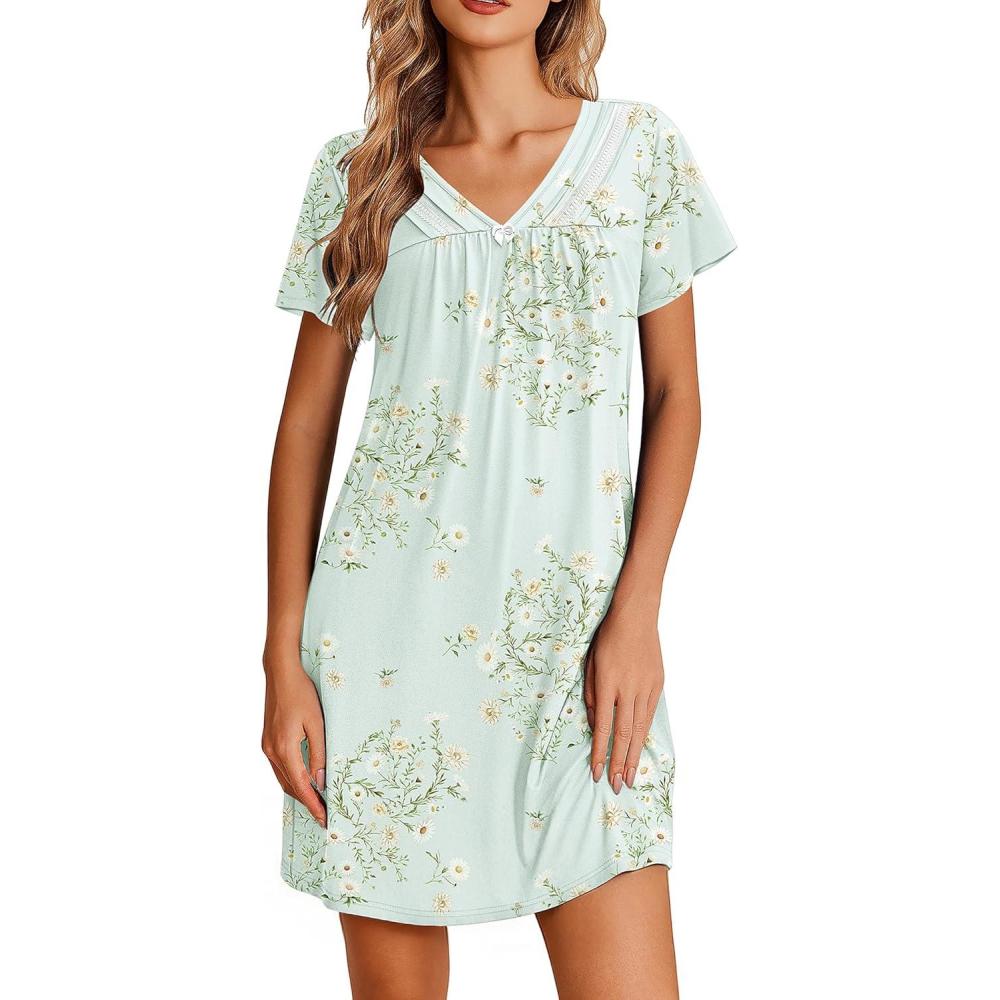imageEkouaer Nightgowns for Women V Neck Sleepshirt Short Sleeve Nightdress Lace Trim Night Gown House Dress with PocketsGreen Daisy