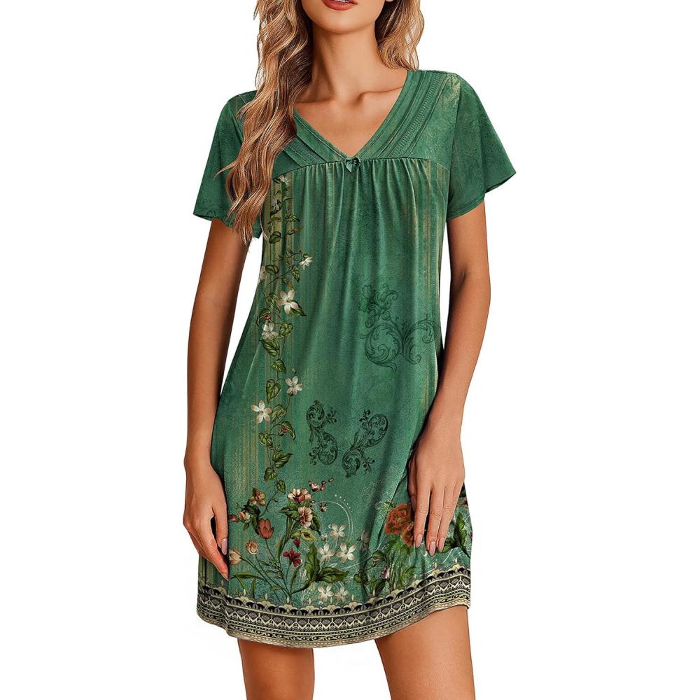 imageEkouaer Nightgowns for Women V Neck Sleepshirt Short Sleeve Nightdress Lace Trim Night Gown House Dress with PocketsGreen Flowers
