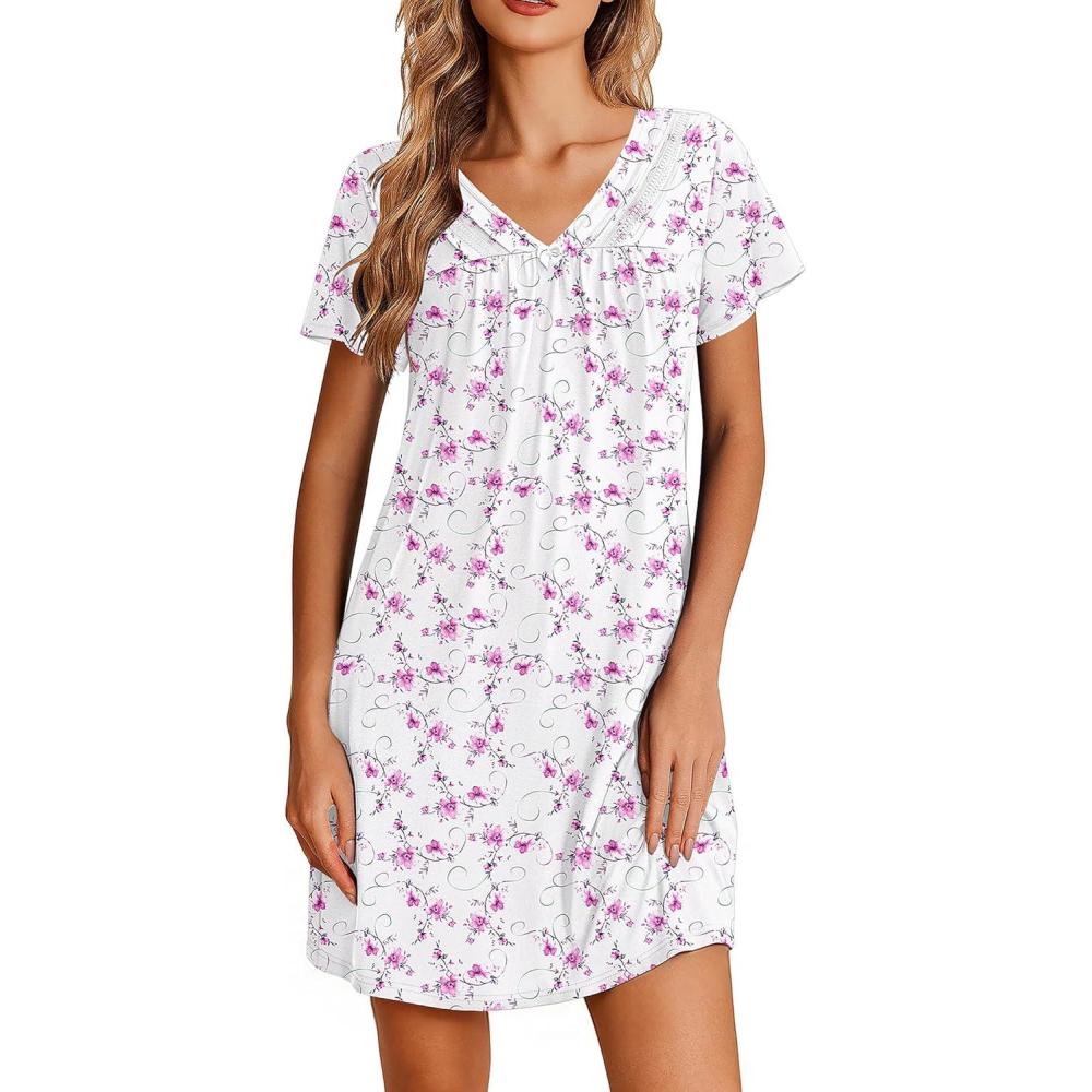imageEkouaer Nightgowns for Women V Neck Sleepshirt Short Sleeve Nightdress Lace Trim Night Gown House Dress with PocketsPurple Floral