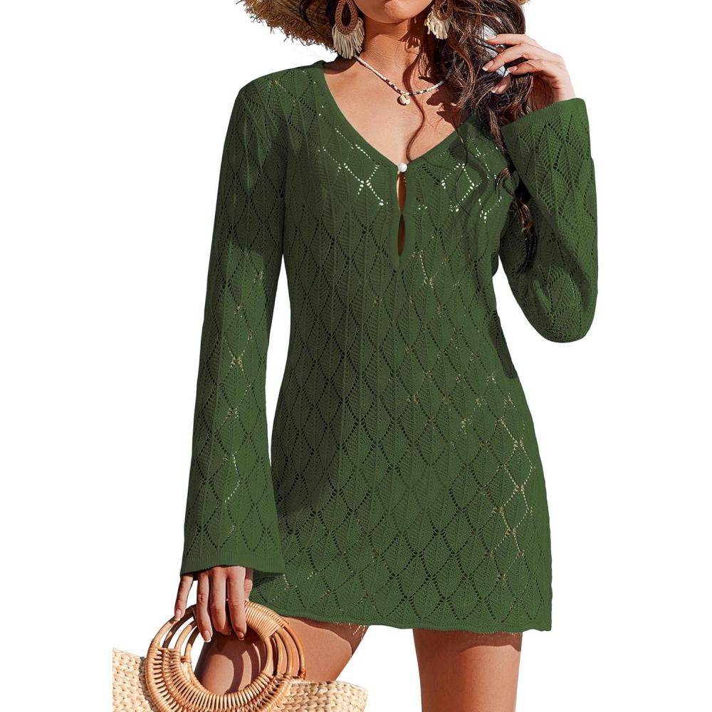 imageEkouaer Swimsuit Coverup for Women Crochet Beach Cover Up Hollow Out Long Sleeve Cover Ups 2026 Summer Vacation OutfitsArmy Green