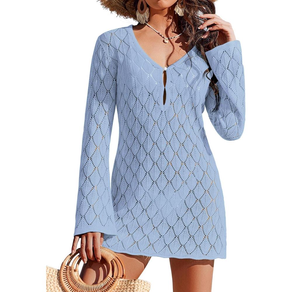 imageEkouaer Swimsuit Coverup for Women Crochet Beach Cover Up Hollow Out Long Sleeve Cover Ups 2026 Summer Vacation OutfitsLight Blue
