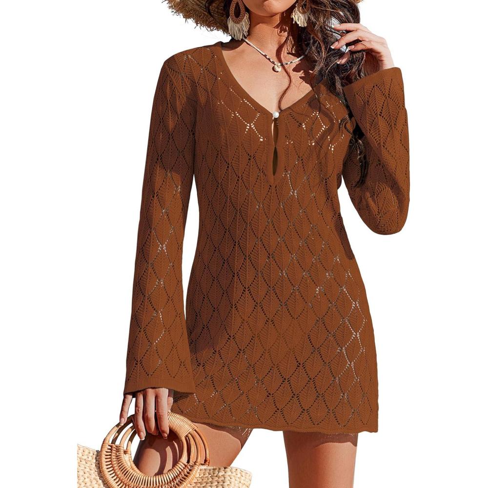 imageEkouaer Swimsuit Coverup for Women Crochet Beach Cover Up Hollow Out Long Sleeve Cover Ups 2026 Summer Vacation OutfitsTerracotta