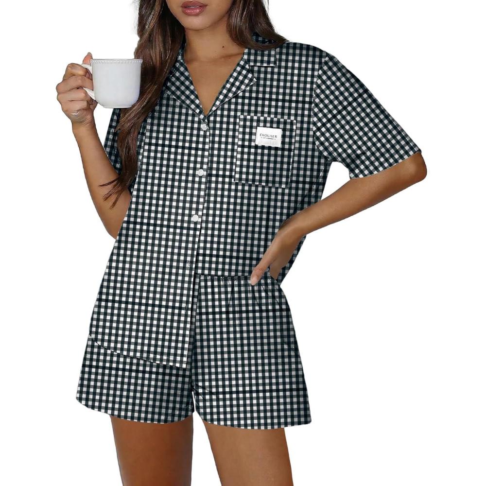 imageEkouaer Two Piece Sets for Women Summer Y2K Shirt and Shorts Beach Vacation Cruise Outfits Travel Sweatsuits Lounge SetBlack White Plaid