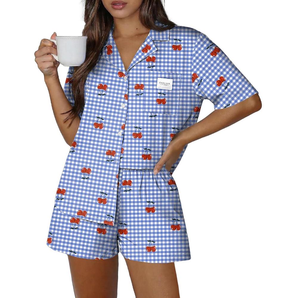 imageEkouaer Two Piece Sets for Women Summer Y2K Shirt and Shorts Beach Vacation Cruise Outfits Travel Sweatsuits Lounge SetBlue Plaid Cherry