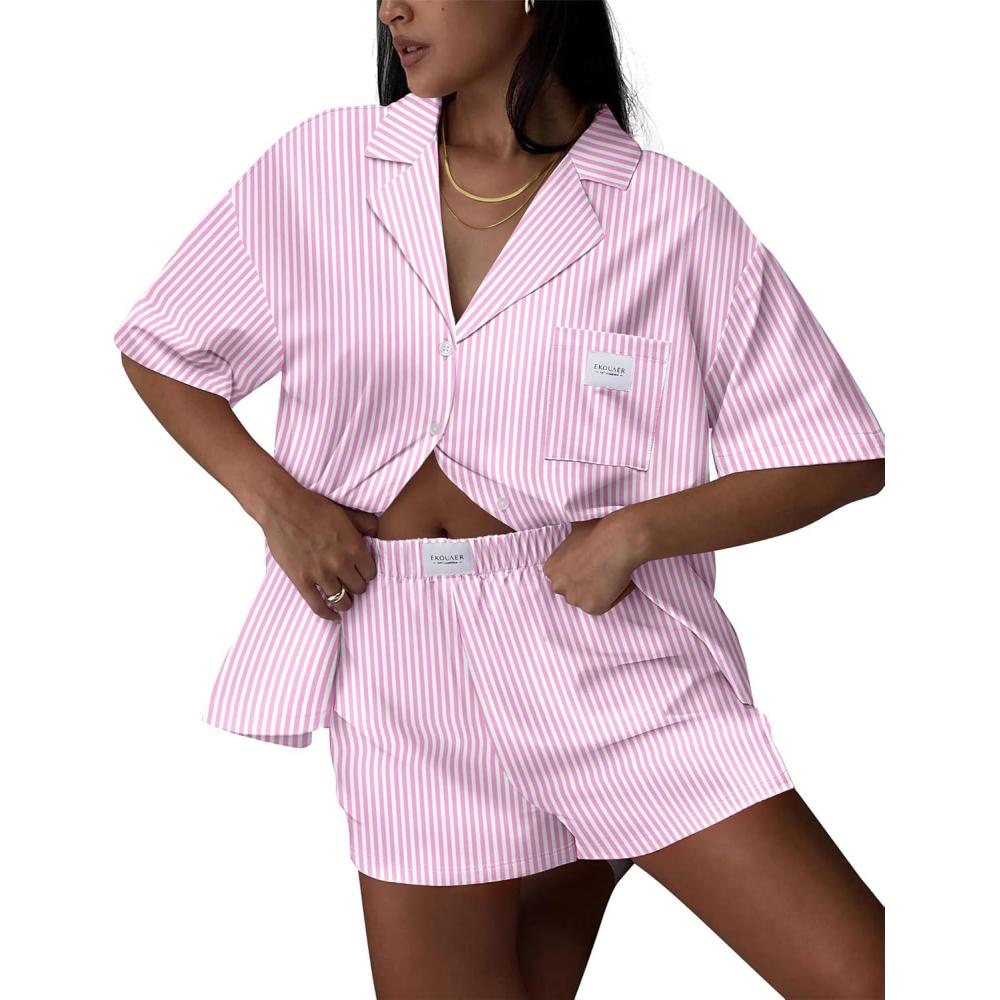 imageEkouaer Two Piece Sets for Women Summer Y2K Shirt and Shorts Beach Vacation Cruise Outfits Travel Sweatsuits Lounge SetPink White Stripe
