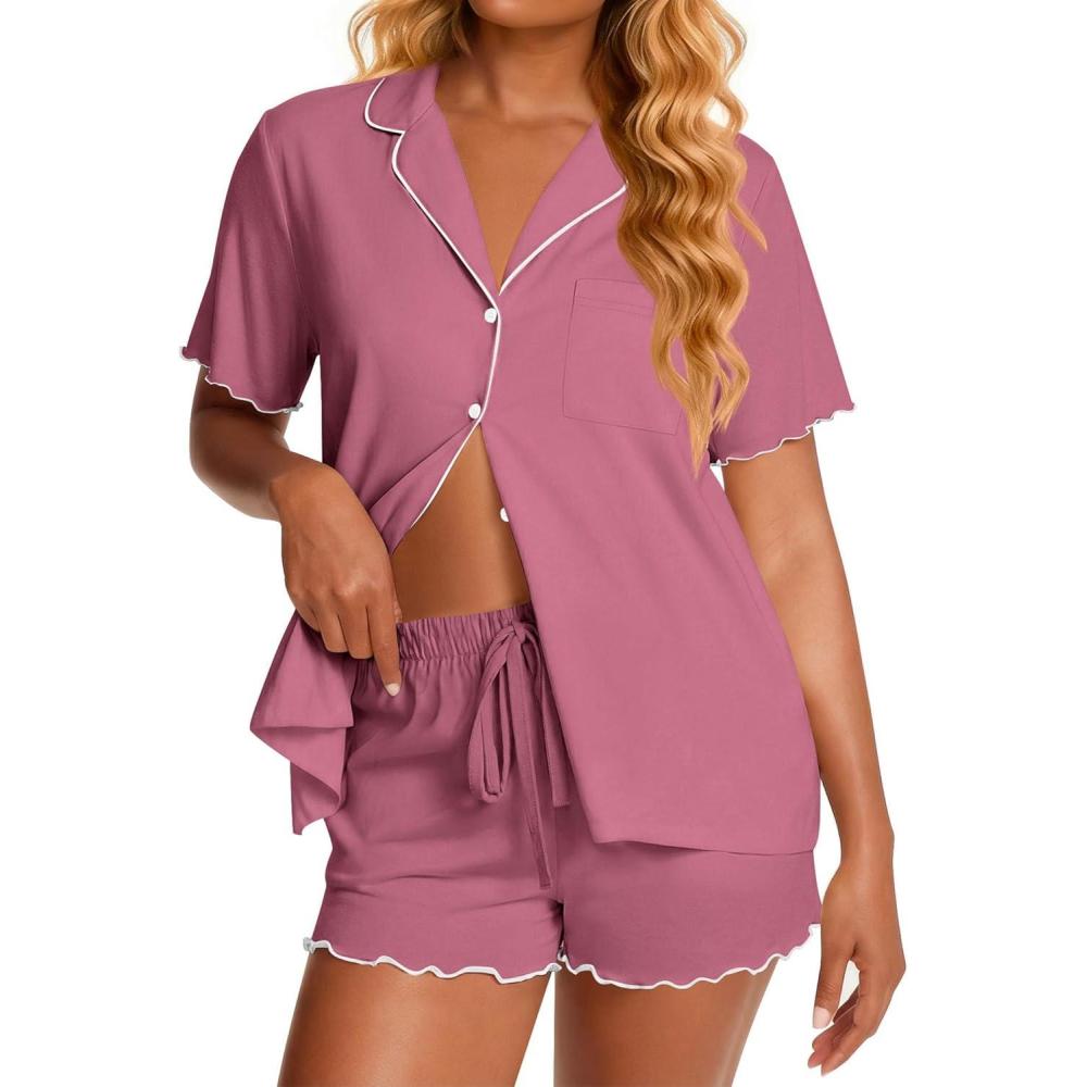 imageEkouaer Viscose from Bamboo Women Pajama Sets Button Up Cooling Pjs Short Sleeve Ruffle Sleepwear 2 Piece Lounge Shorts SetDark Pink