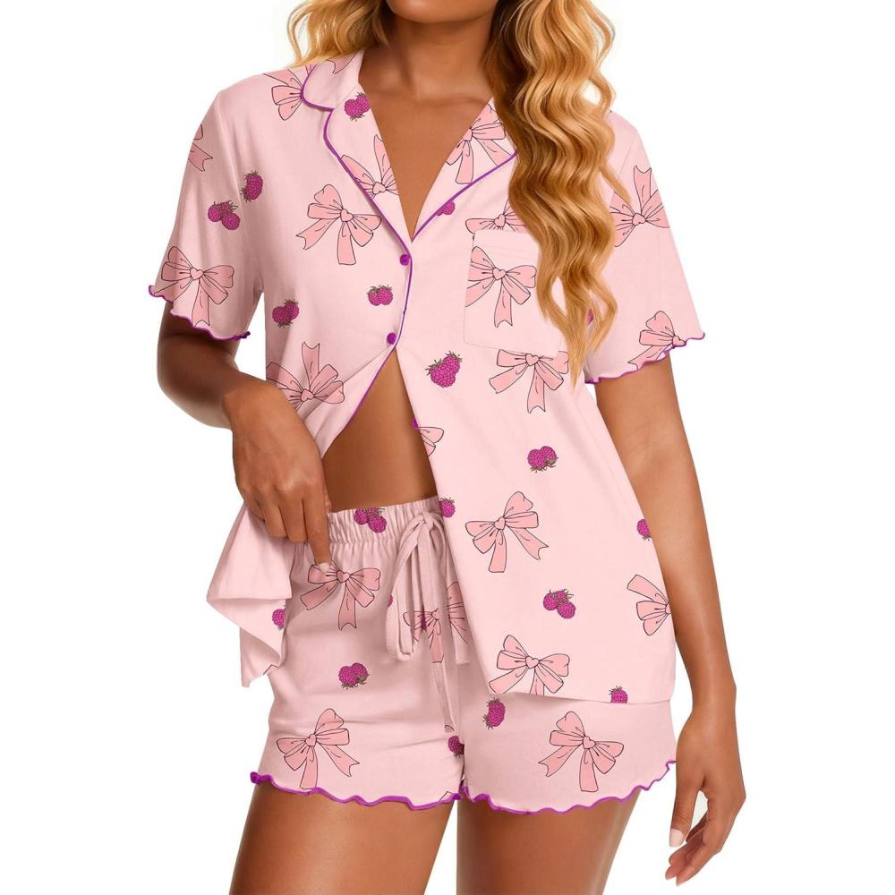 imageEkouaer Viscose from Bamboo Women Pajama Sets Button Up Cooling Pjs Short Sleeve Ruffle Sleepwear 2 Piece Lounge Shorts SetPink Bow