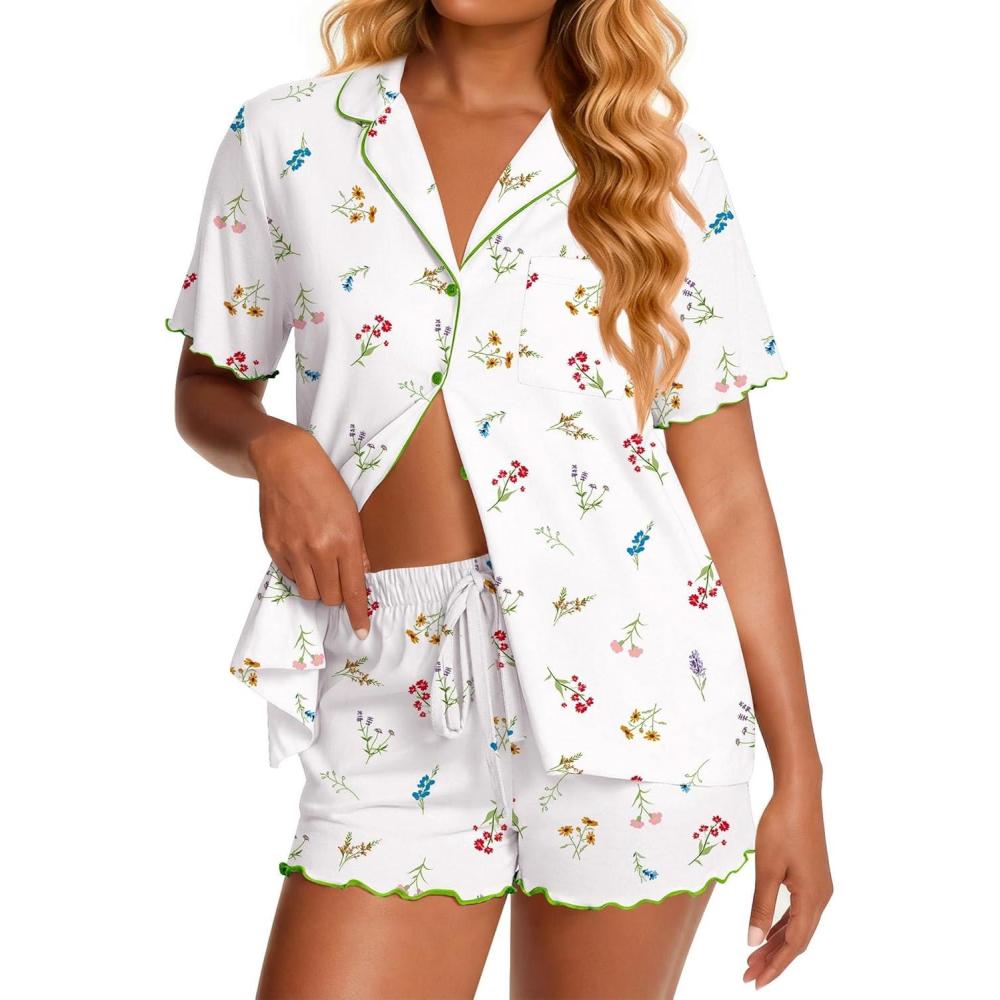 imageEkouaer Viscose from Bamboo Women Pajama Sets Button Up Cooling Pjs Short Sleeve Ruffle Sleepwear 2 Piece Lounge Shorts SetWhite Floral
