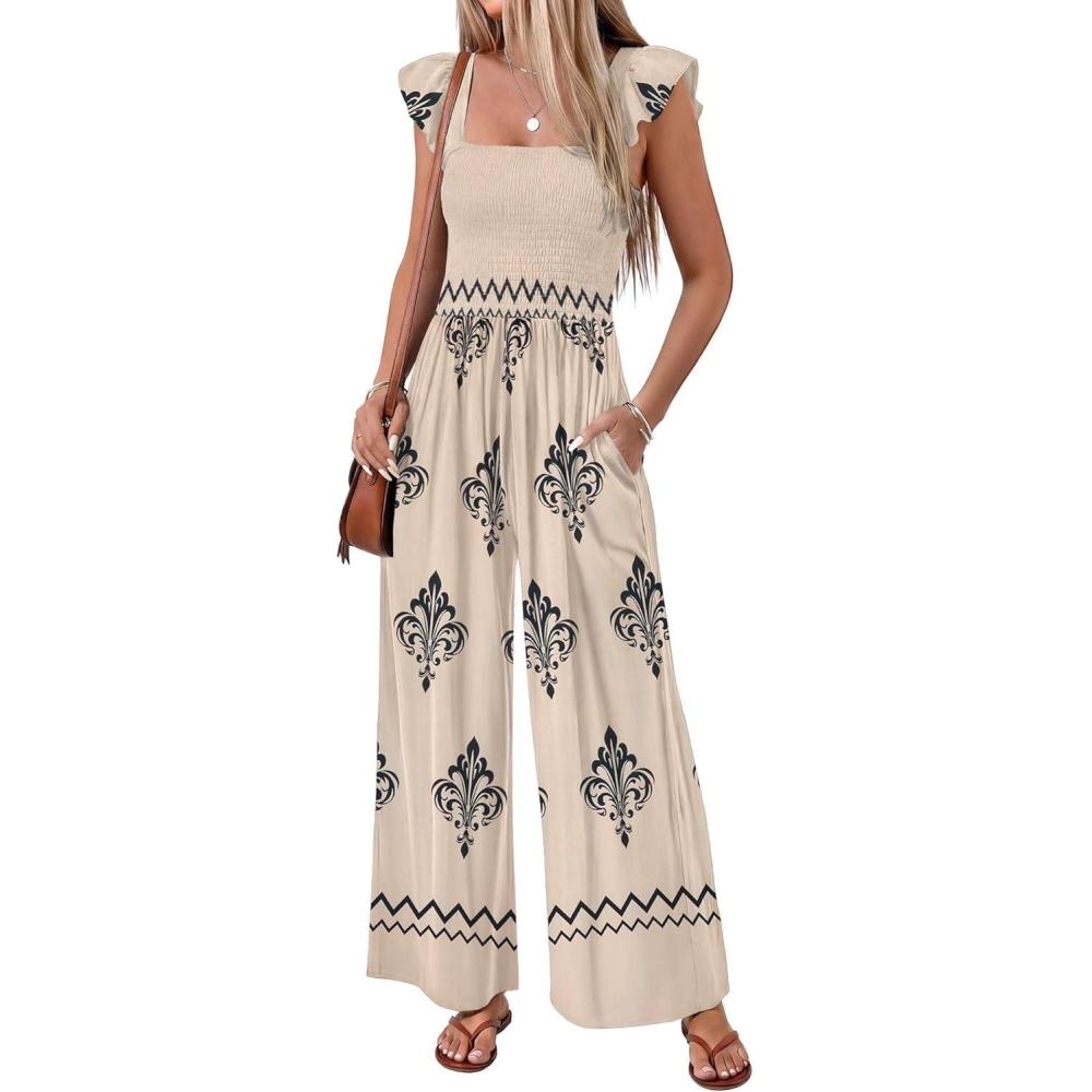 imageEkouaer Womens Casual Jumpsuits Summer Boho Outfits Printed Smocked Wide Leg Vacation Jumper With Pockets SXXLApricot Print