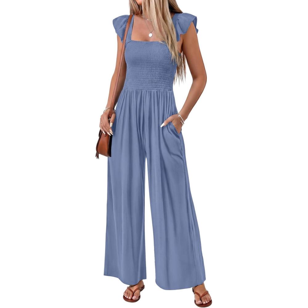 imageEkouaer Womens Casual Jumpsuits Summer Boho Outfits Printed Smocked Wide Leg Vacation Jumper With Pockets SXXLBlue