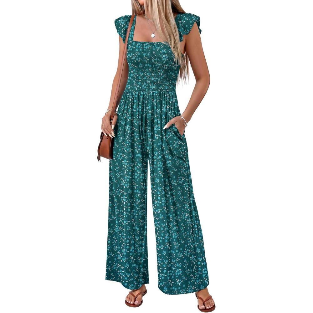 imageEkouaer Womens Casual Jumpsuits Summer Boho Outfits Printed Smocked Wide Leg Vacation Jumper With Pockets SXXLGreen Floral