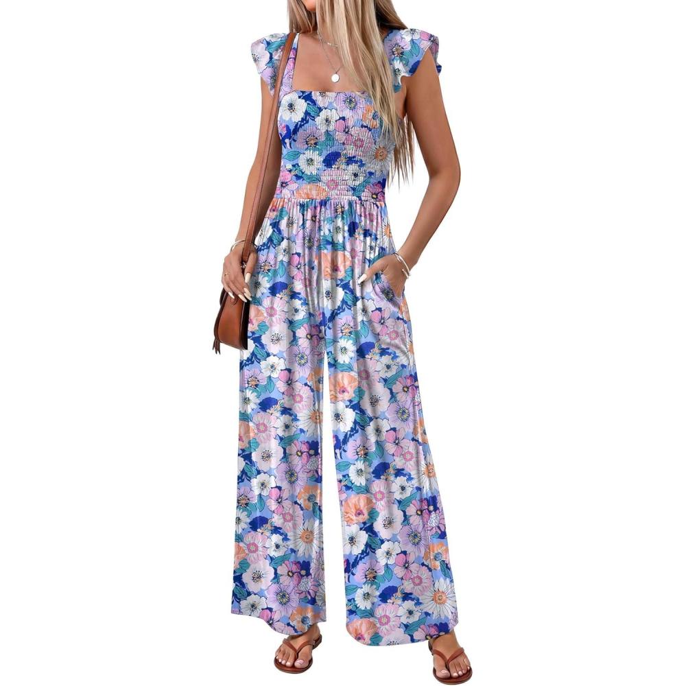 imageEkouaer Womens Casual Jumpsuits Summer Boho Outfits Printed Smocked Wide Leg Vacation Jumper With Pockets SXXLPink Black Floral