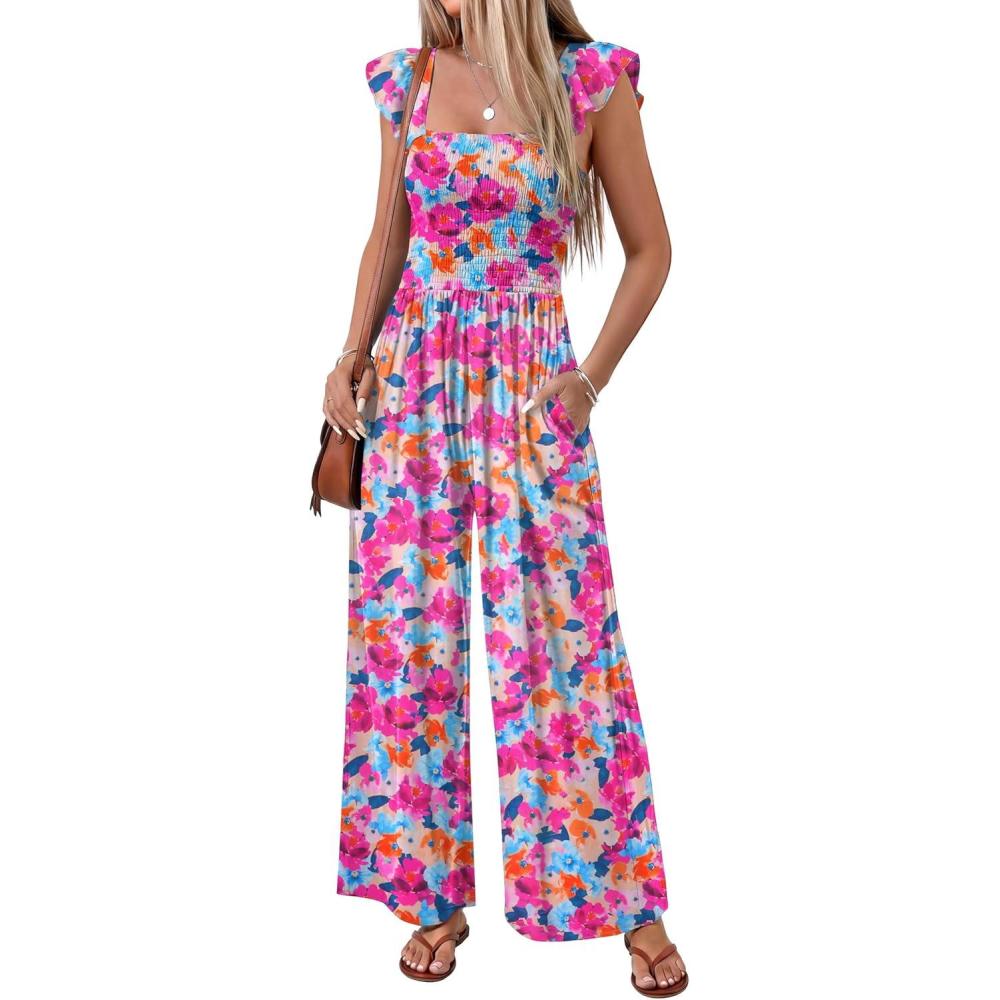 imageEkouaer Womens Casual Jumpsuits Summer Boho Outfits Printed Smocked Wide Leg Vacation Jumper With Pockets SXXLRed Blue Floral