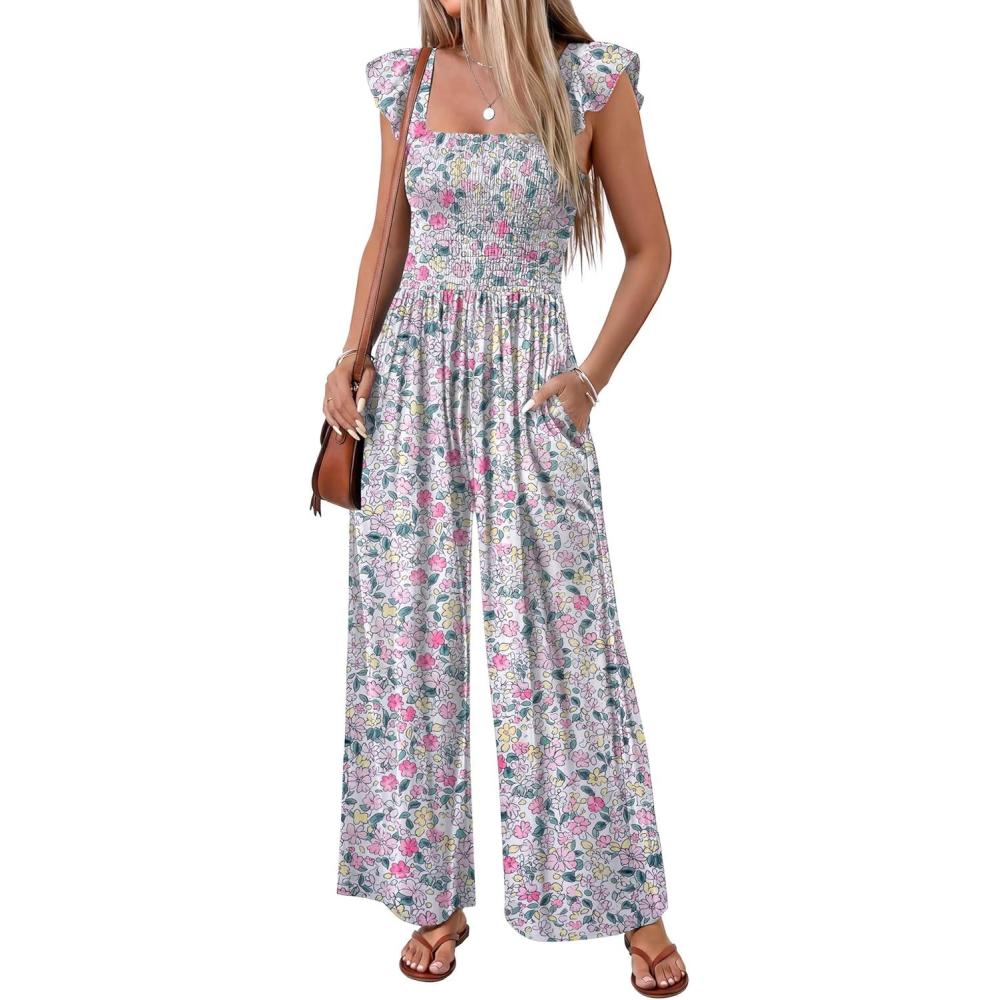 imageEkouaer Womens Casual Jumpsuits Summer Boho Outfits Printed Smocked Wide Leg Vacation Jumper With Pockets SXXLWhite Red Floral
