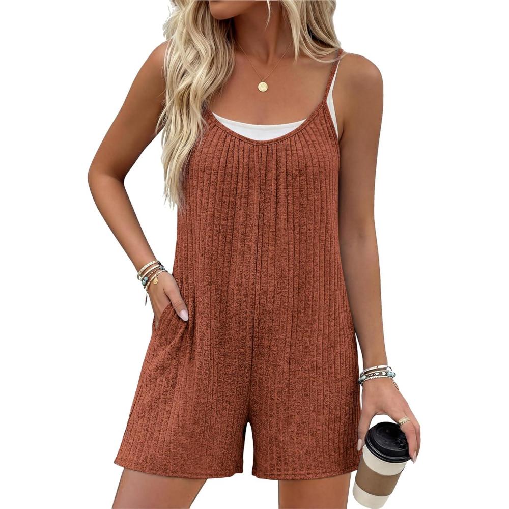 imageEkouaer Womens Summer Casual Rompers 2026 Loose Sleeveless Overalls Adjustable Shorts Jumpsuits with Pockets OutfitsCaramel Brown