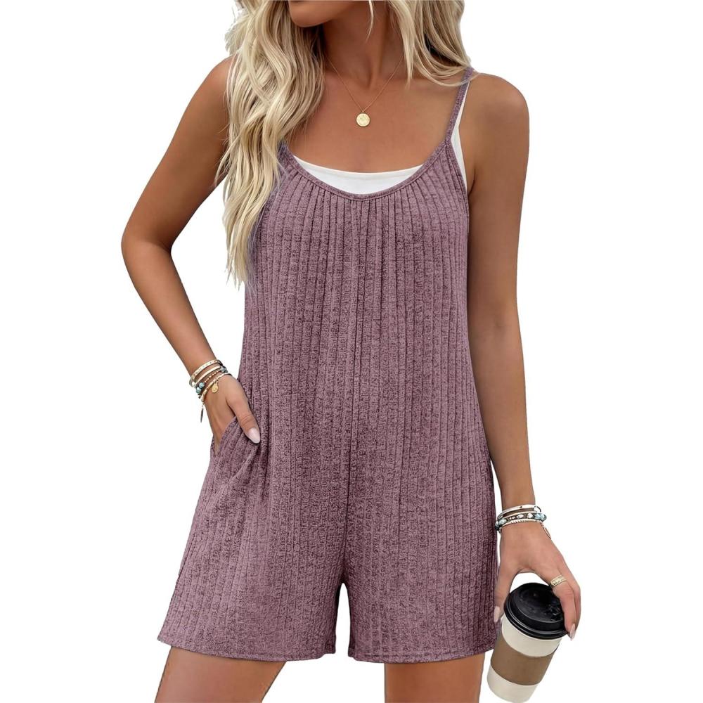 imageEkouaer Womens Summer Casual Rompers 2026 Loose Sleeveless Overalls Adjustable Shorts Jumpsuits with Pockets OutfitsFuchsia