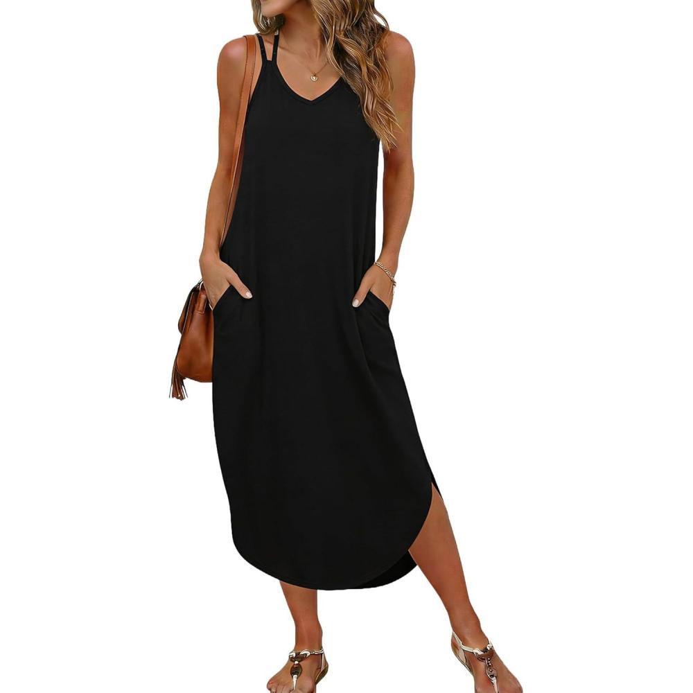 imageEkouaer Womens Swimsuit Beach Cover Up Dress Spaghetti Strap V Neck Swimwear A Line 2026 Bathing Suit Coverups with PocketsBlack