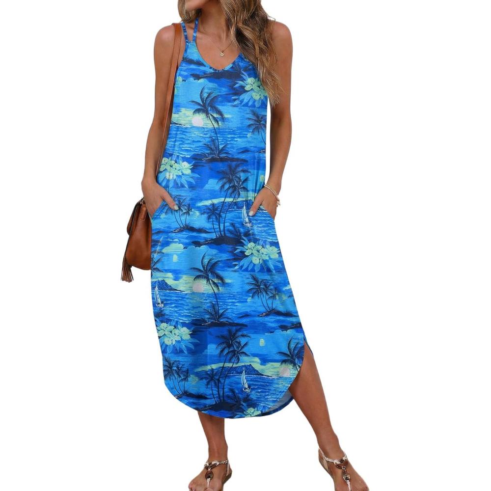 imageEkouaer Womens Swimsuit Beach Cover Up Dress Spaghetti Strap V Neck Swimwear A Line 2026 Bathing Suit Coverups with PocketsBlue Hawaiian