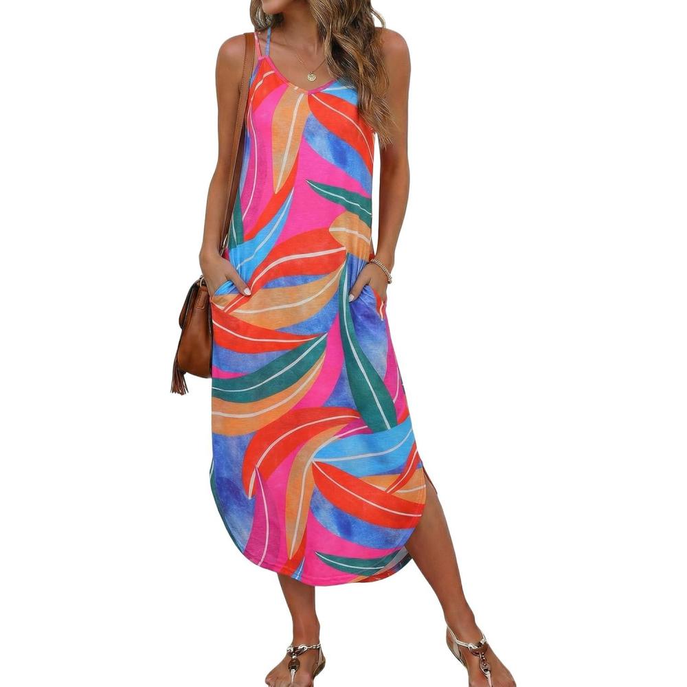 imageEkouaer Womens Swimsuit Beach Cover Up Dress Spaghetti Strap V Neck Swimwear A Line 2026 Bathing Suit Coverups with PocketsMulticolor Leaves